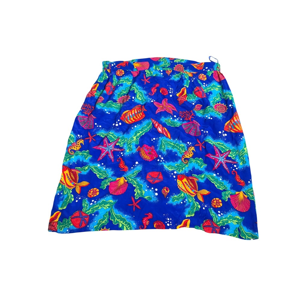 Vintage 100% Silk Sea Life Print Midi Skirt Blue Tropical Fish Starfish 2X